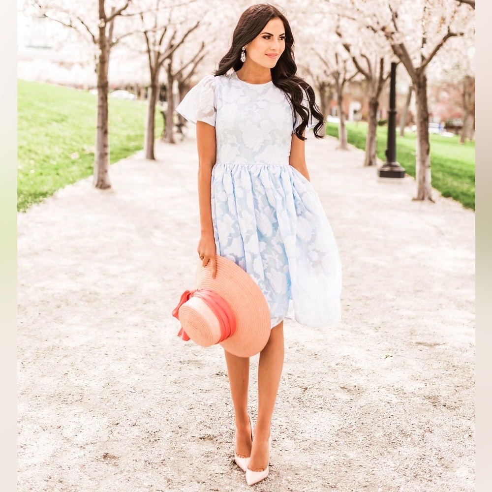 Light Blue Floral Short Sleeve Fit-and-Flare Dress